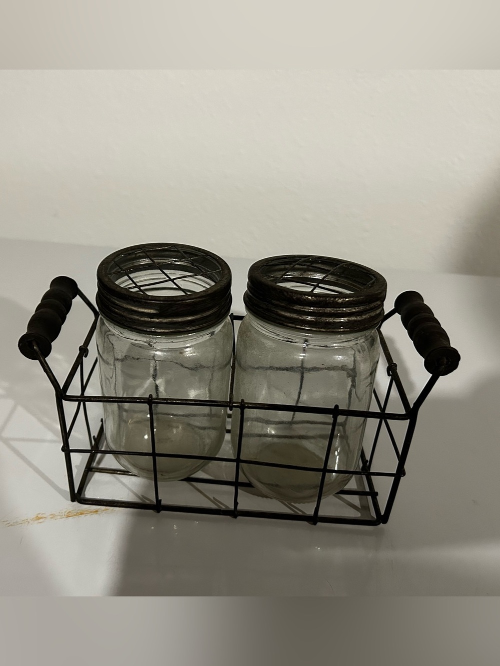 Rustic Glass Mason Jar Set with Metal Carrier - Clear and Dark Bronze